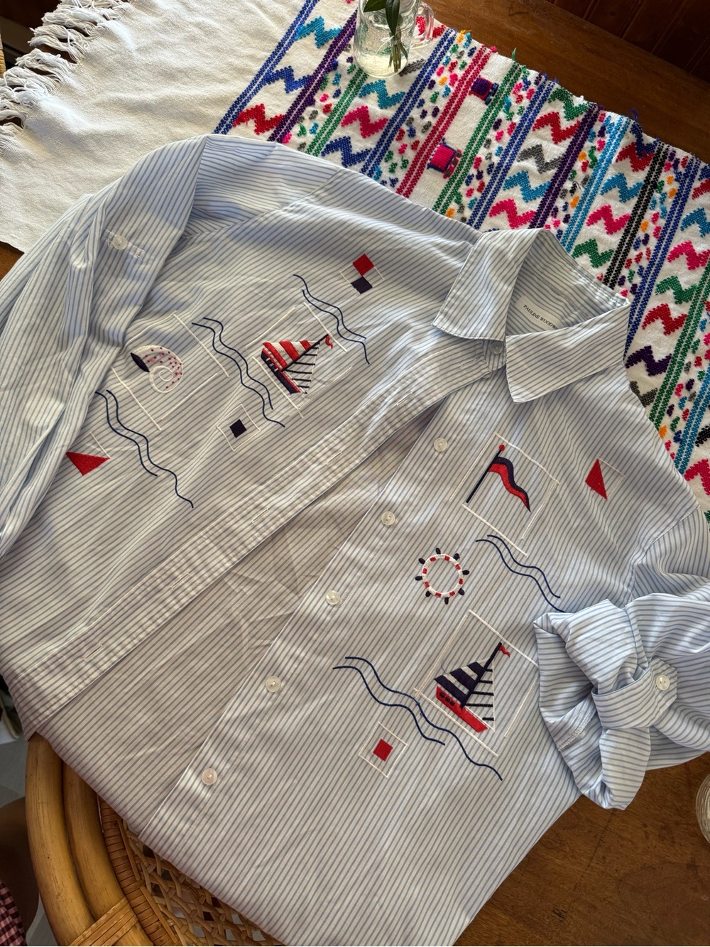 Allison Daley Light Blue Striped Button-Down Shirt with Nautical Embroidery